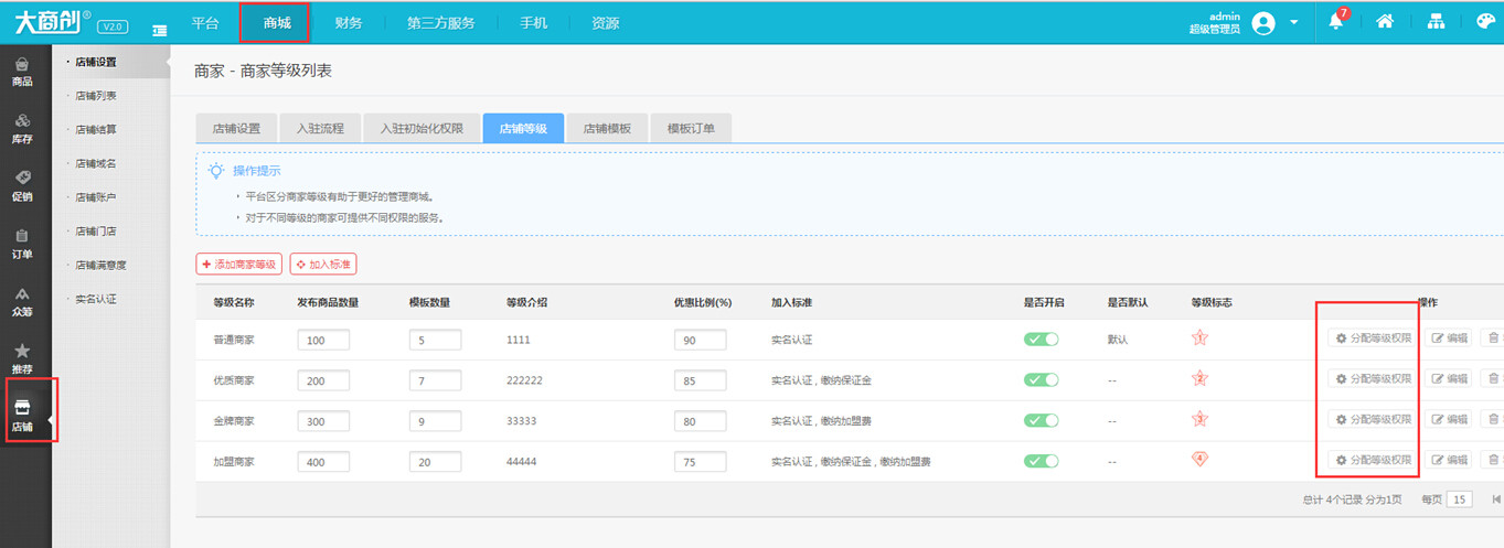 【大商创使用教程】商家等级使用操作简述